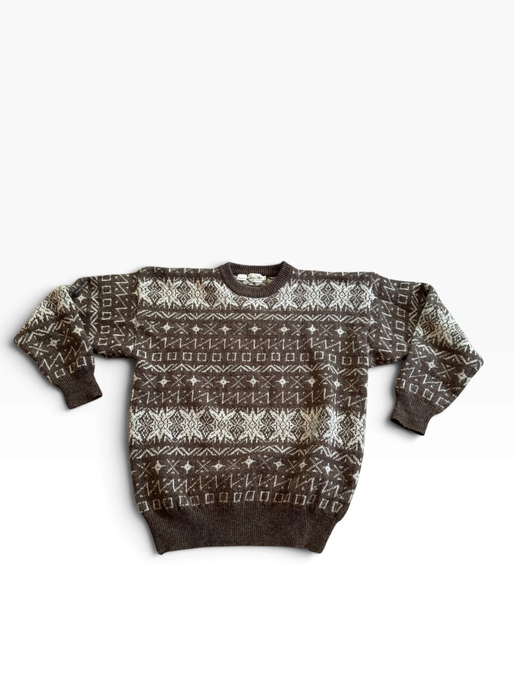 Vtg Nordic Fair Isle Holiday 100% Pure Wool Sweater Mens LARGE Indiska Brown